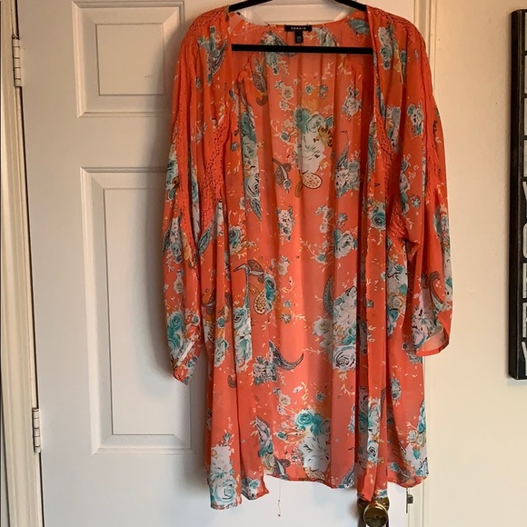 torrid Sweaters - Salmon paisley and floral kimono